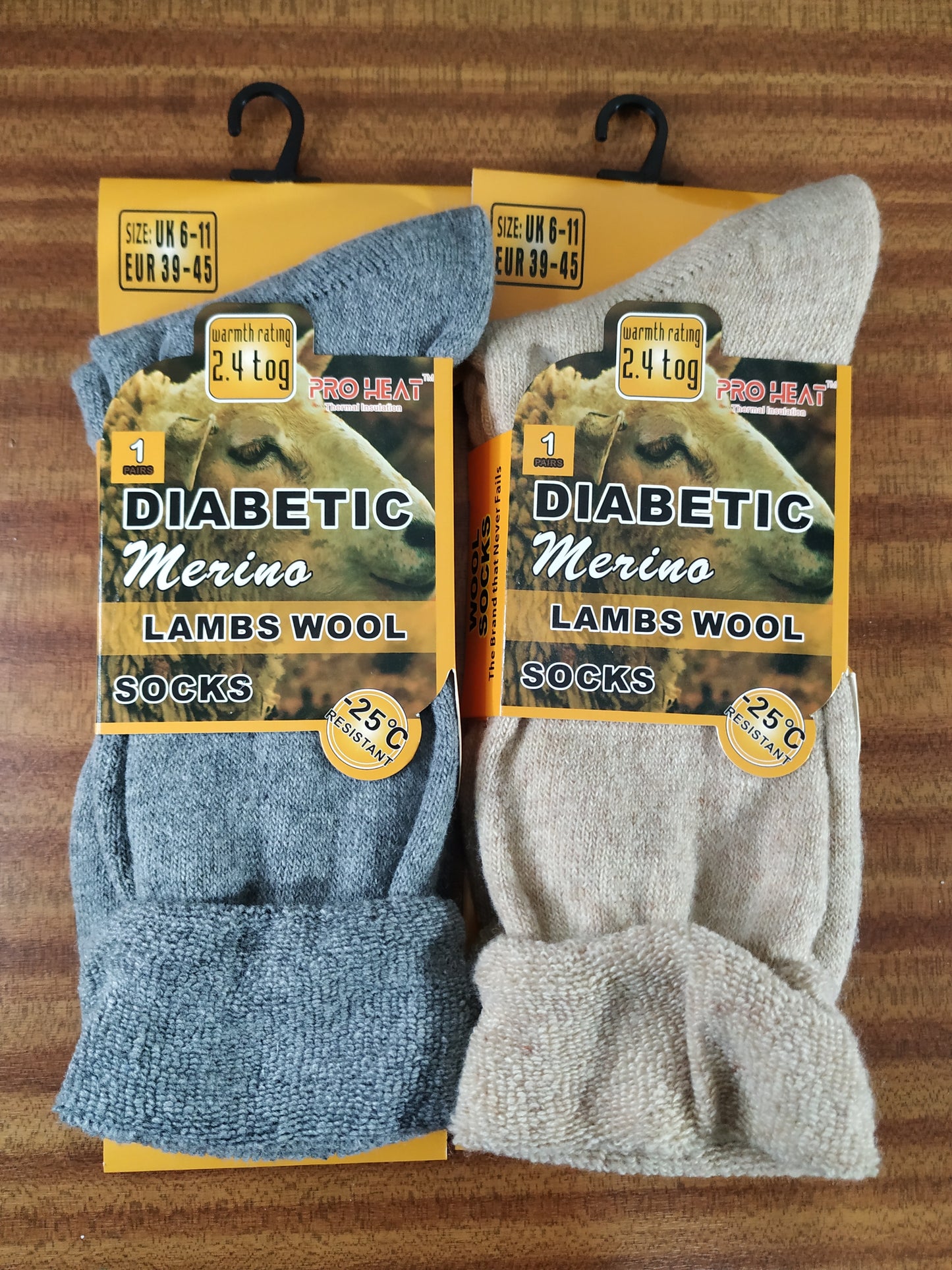 Mens Merino Lambs Wool Blend Diabetic Socks Beige and Grey 2 Pairs Size 6 -11