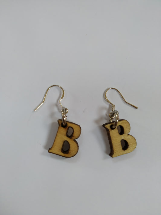 B letter wooden Earrings 925 Silver Plated Hooks Novelty Party Design