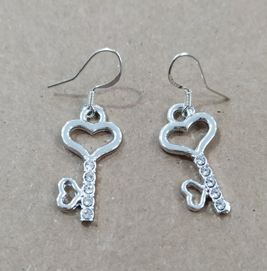 Diamante Love Heart Key Earrings 925 Silver Plated Hooks Party Design Novelty