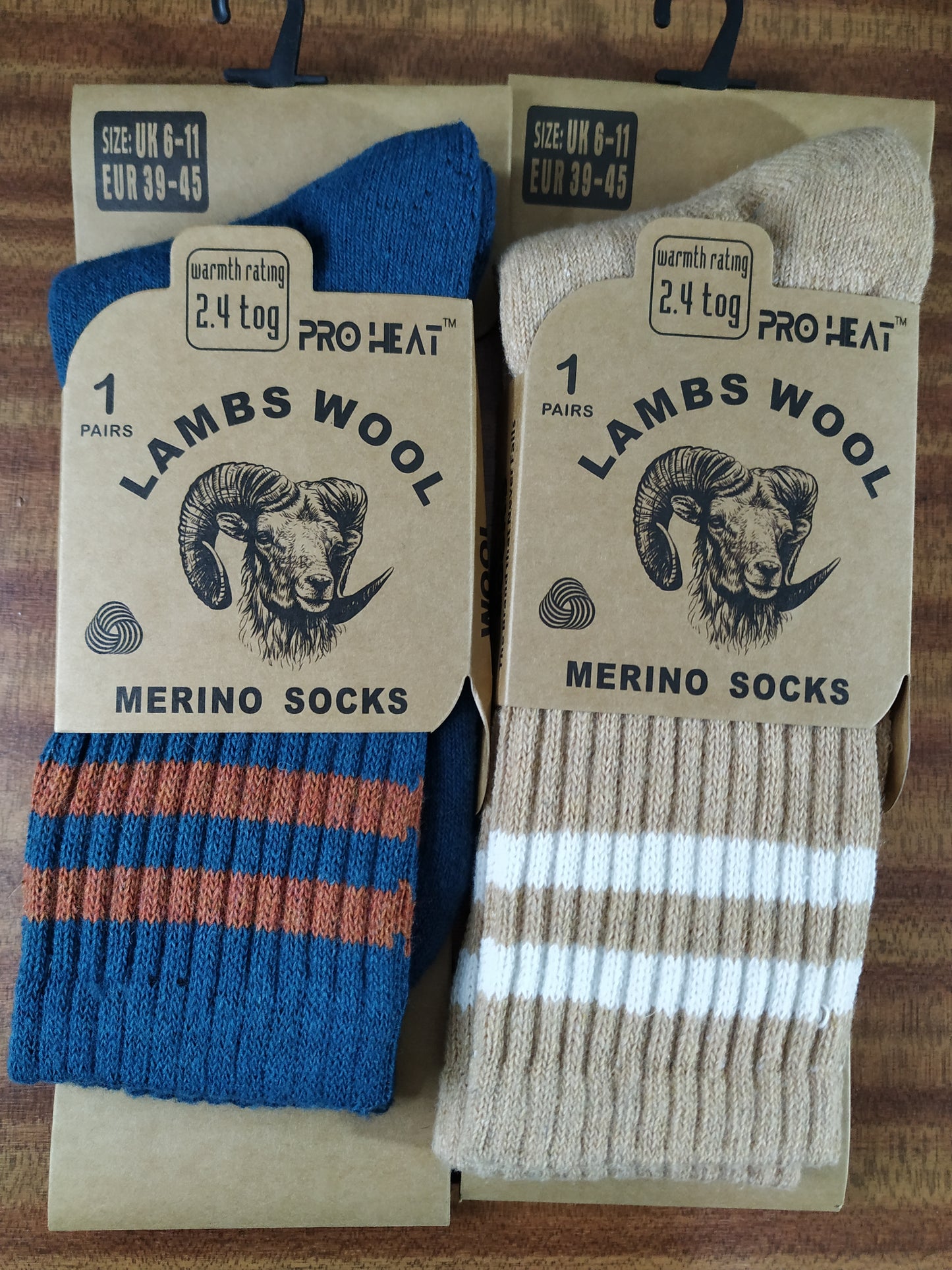 Mens Retro Style Merino Lambs Wool Blend Socks 2 Pairs Size 6-11 Beige and Blue Colour