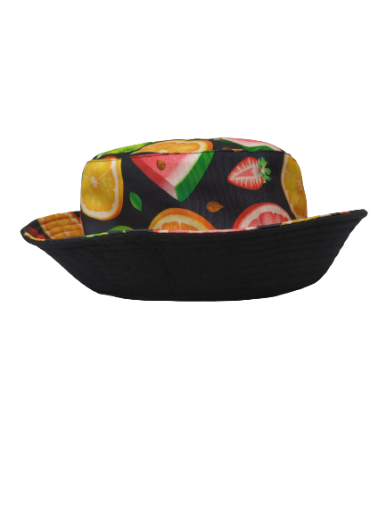 Fruity Black Bucket Hat Reversible Unisex One size 100% Cotton Party Festival Travel Promotion Hat