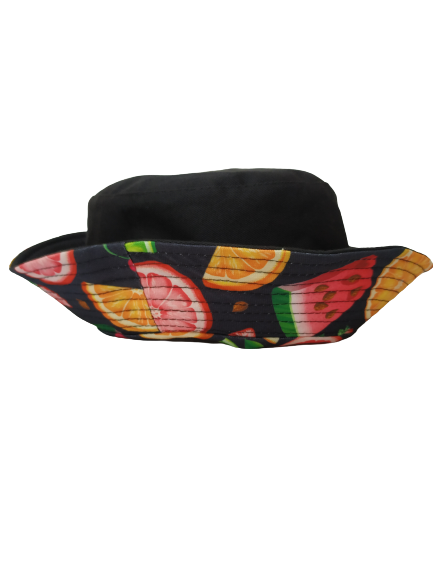 Fruity Black Bucket Hat Reversible Unisex One size 100% Cotton Party Festival Travel Promotion Hat