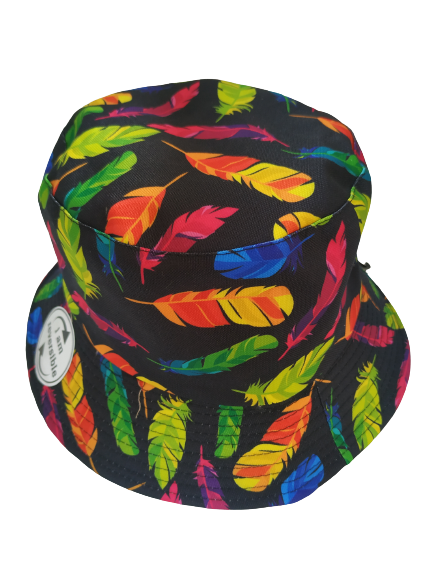 Coloured Feathers Black Bucket Hat Reversible Unisex One size 100% Cotton Party Festival Travel Promotion Hat