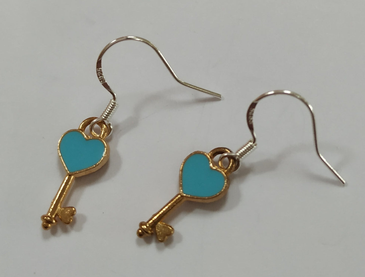 Blue Heart Golden Key Earrings Stamped S925 Hooks Novelty Earrings