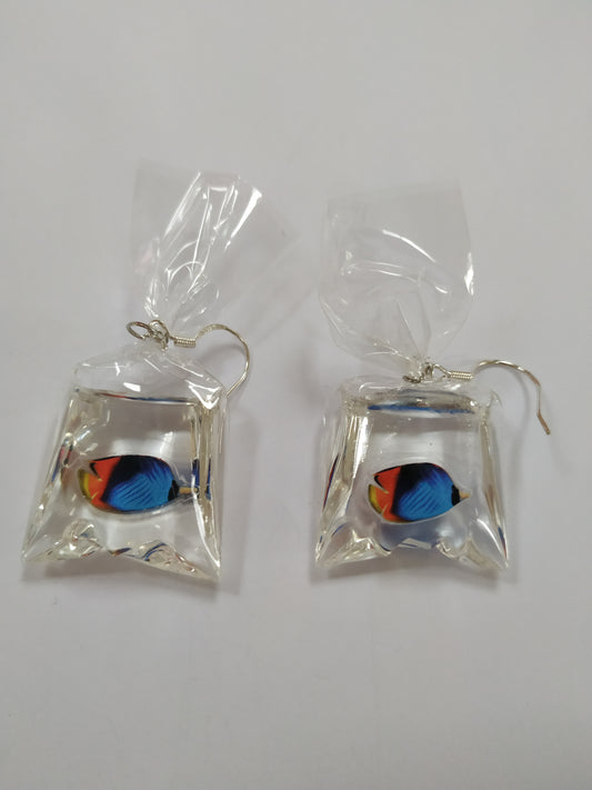 Fish In a Bag Earrings Marine Fish Blue Tang Stamped S925 Silver Plated Hooks Party Novelty design