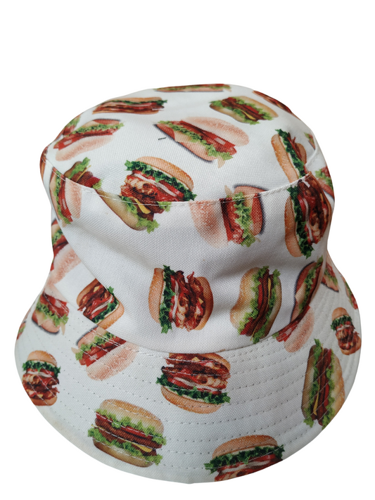Burger White Bucket Hat Reversible Unisex One size 100% Cotton Party Festival Travel Promotion Hat