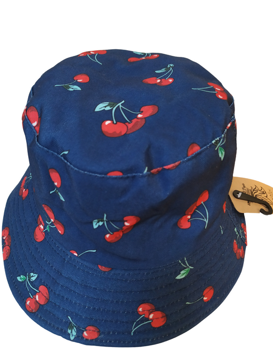 Cherries Blue Bucket Hat Reversible Unisex One size 100% Cotton