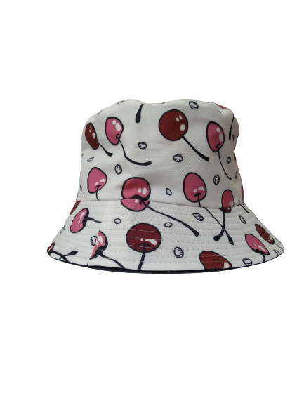 Pink Cherries White Bucket Hat Revisable black Summer Hat 100% Cotton