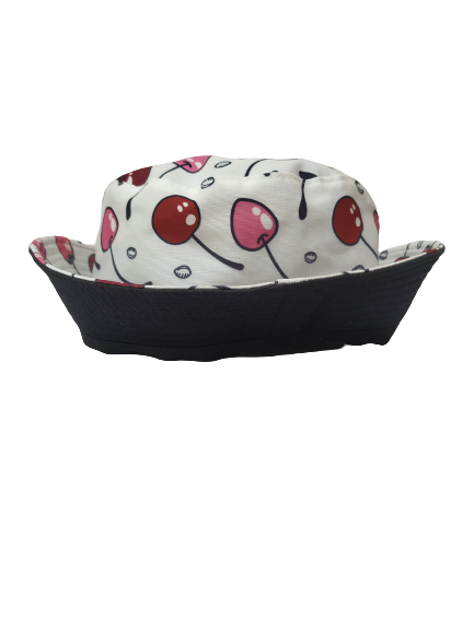 Pink Cherries White Bucket Hat Revisable black Summer Hat 100% Cotton