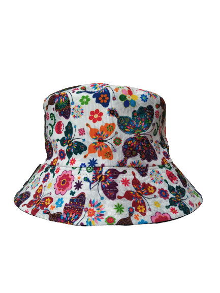 Colourful Butterfly White Bucket hat reversible Unisex One size 100% Cotton Party Festival Hat