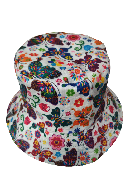 Colourful Butterfly White Bucket hat reversible Unisex One size 100% Cotton Party Festival Hat