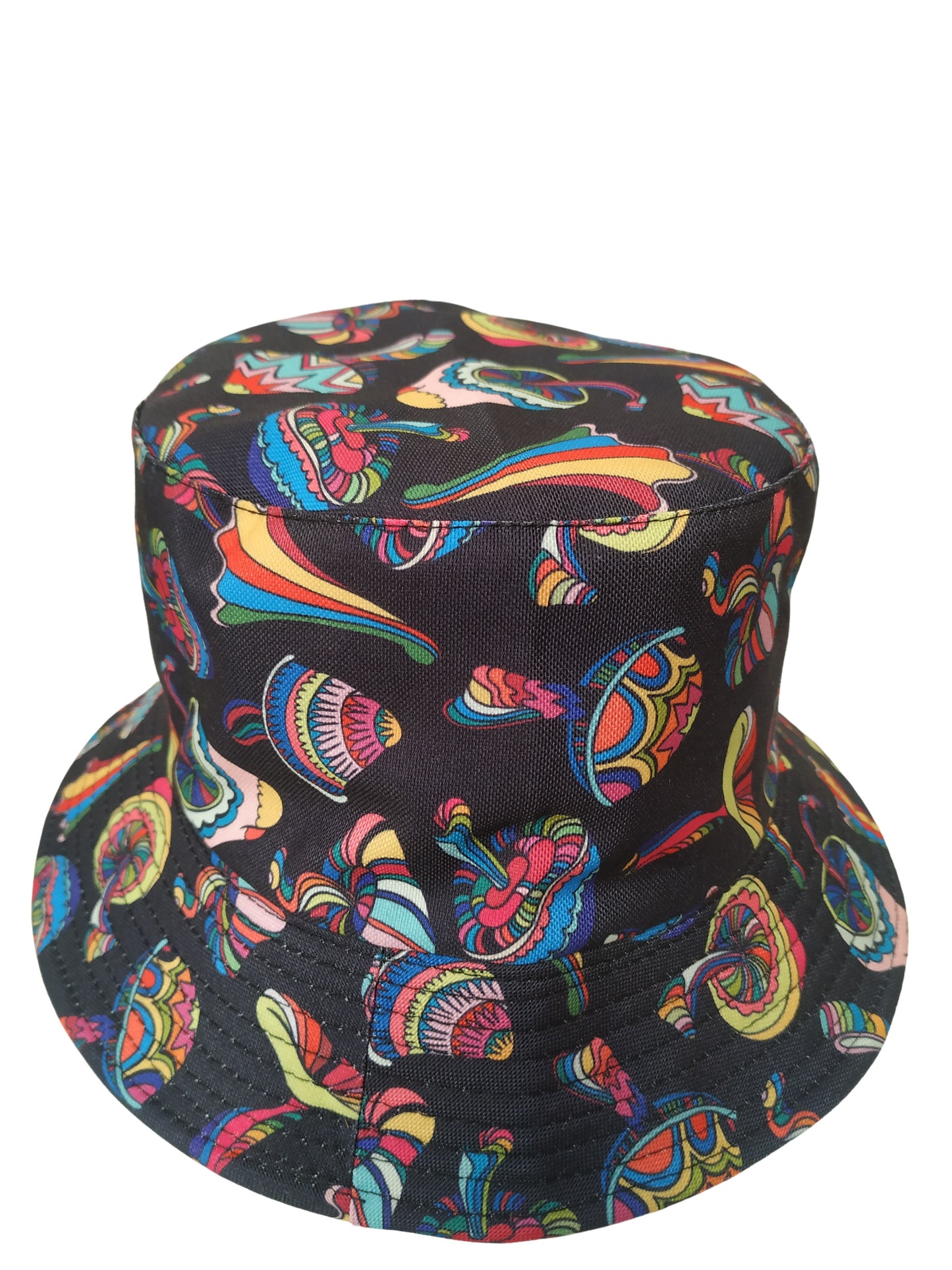 Colourful Mushrooms Black Bucket Hat Reversible Unisex One size 100% Cotton Party Festival Travel Promotion Hat