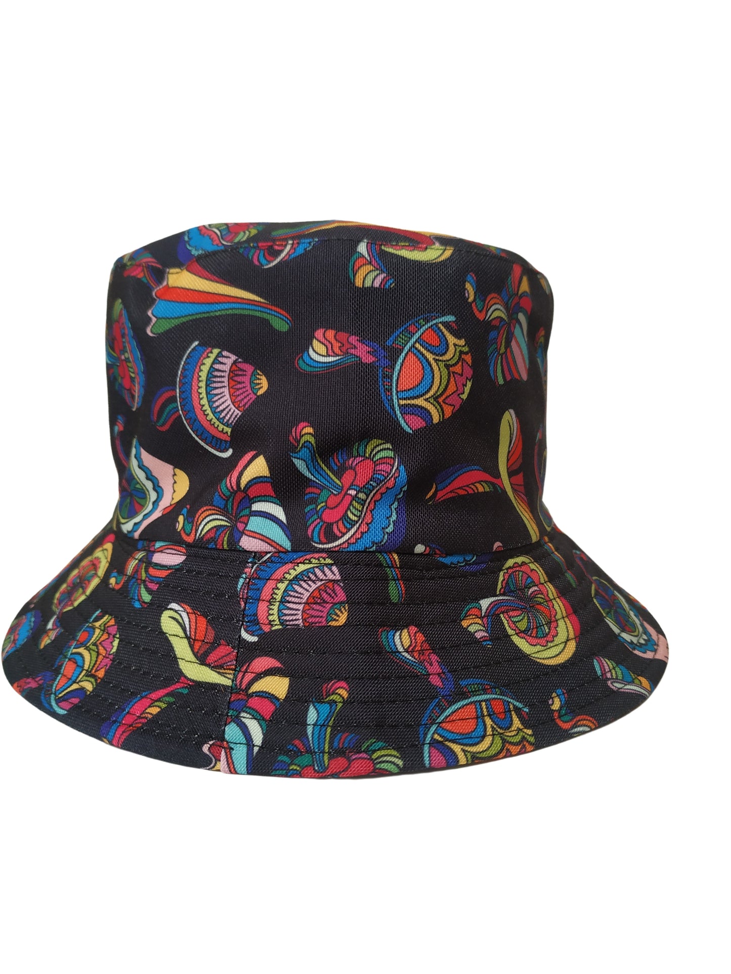 Colourful Mushrooms Black Bucket Hat Reversible Unisex One size 100% Cotton Party Festival Travel Promotion Hat