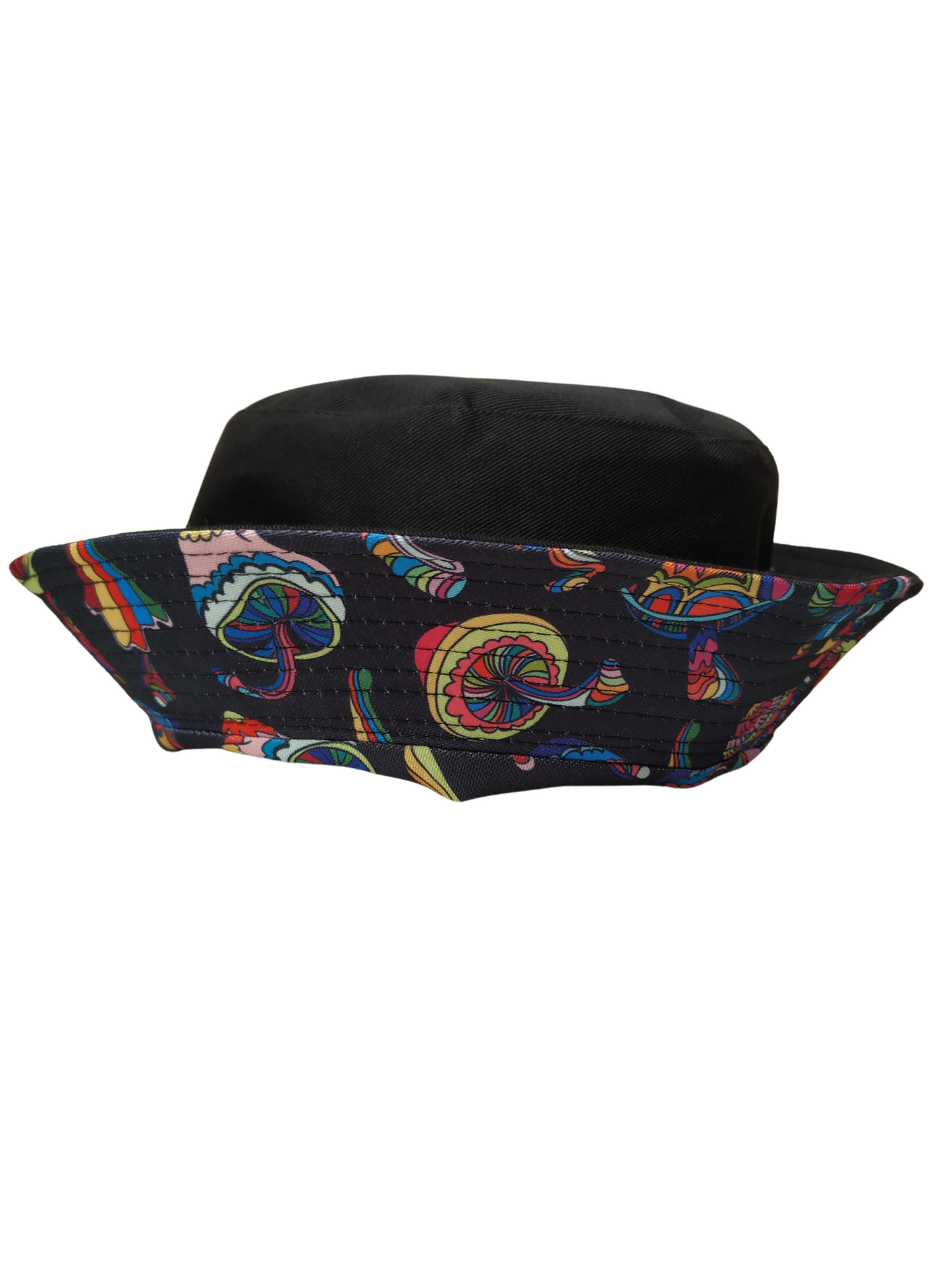 Colourful Mushrooms Black Bucket Hat Reversible Unisex One size 100% Cotton Party Festival Travel Promotion Hat