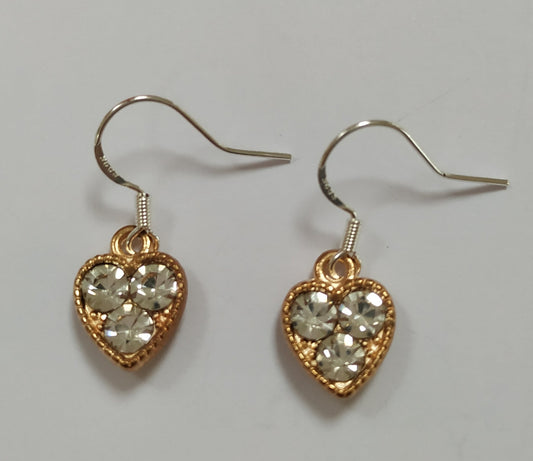 3 Diamante stones Golden heart Earrings Stamped S925 Silver Plated Hooks