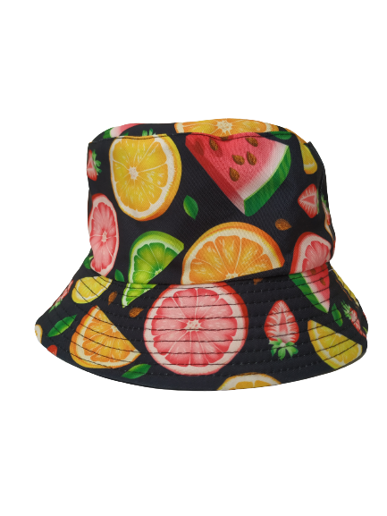 Fruity Black Bucket Hat Reversible Unisex One size 100% Cotton Party Festival Travel Promotion Hat