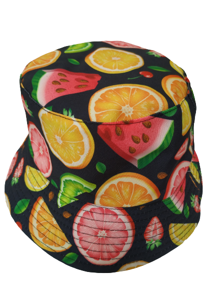 Fruity Black Bucket Hat Reversible Unisex One size 100% Cotton Party Festival Travel Promotion Hat