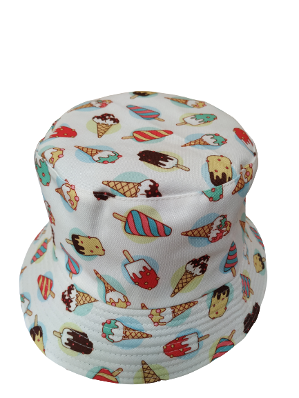 Ice Cream White Bucket Hat Reversible Unisex One size 100% Cotton Party Festival Travel Promotion Hat