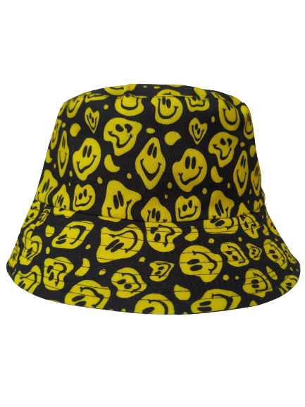 Melting Smiley Black Bucket  Hat Revisable black Summer Hat 100% Cotton