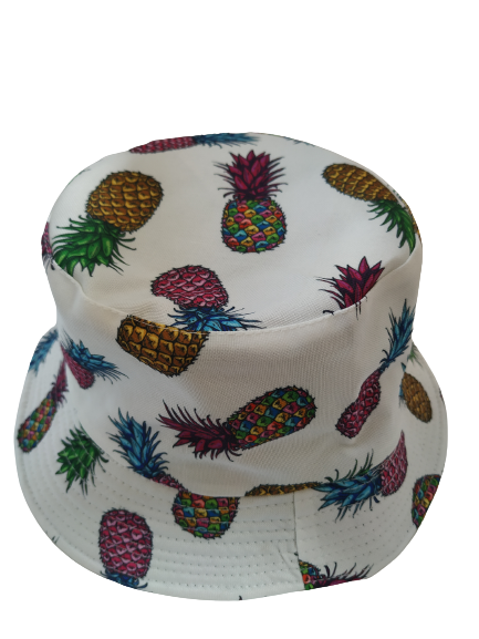 Coloured Pineapple White Bucket Hat Reversible Unisex One size 100% Cotton Party Festival Travel Promotion Hat