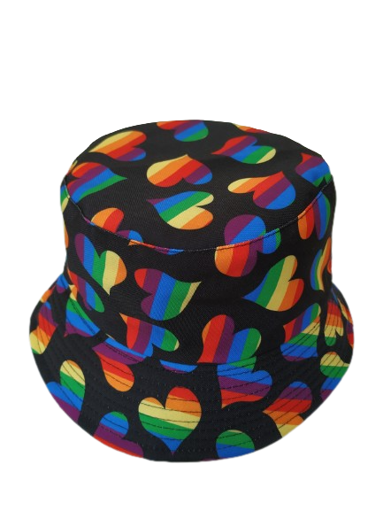 Rainbow Love Heart Black  Bucket hat Revisable Unisex One size 100% Cotton Summer Hat