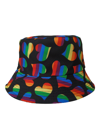 Rainbow Love Heart Black  Bucket hat Revisable Unisex One size 100% Cotton Summer Hat