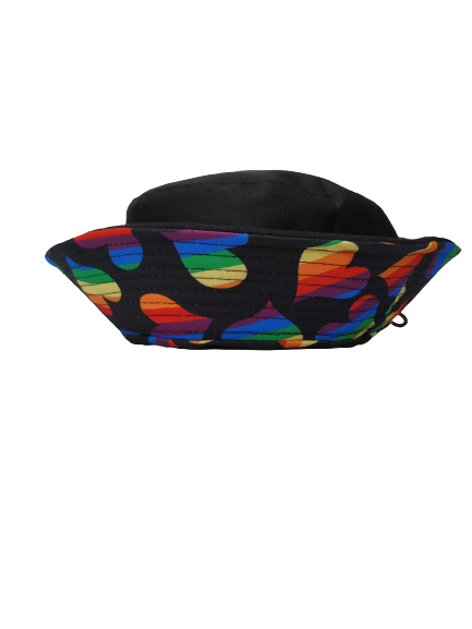 Rainbow Love Heart Black  Bucket hat Revisable Unisex One size 100% Cotton Summer Hat