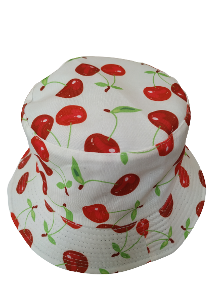 Red Cherries White Bucket Hat Reversible Unisex One size 100% Cotton Party Festival Travel Promotion Hat