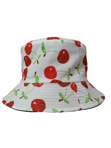 Red Cherries White Bucket Hat Reversible Unisex One size 100% Cotton Party Festival Travel Promotion Hat