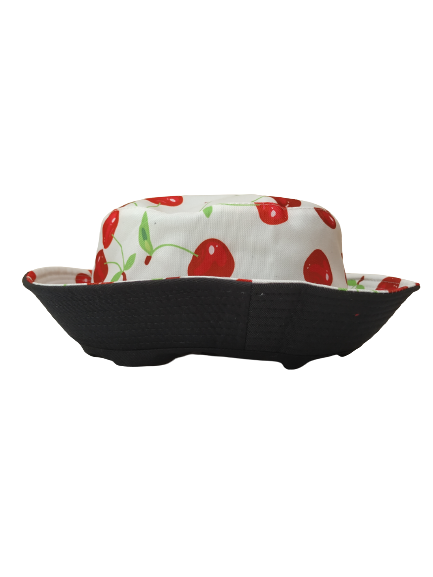 Red Cherries White Bucket Hat Reversible Unisex One size 100% Cotton Party Festival Travel Promotion Hat