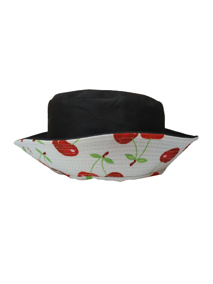 Red Cherries White Bucket Hat Reversible Unisex One size 100% Cotton Party Festival Travel Promotion Hat