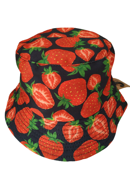 Strawberries Black Bucket Hat Reversible Unisex One size 100% Cotton Party Festival Travel Promotion Hat