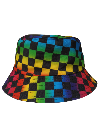 Coloured Squares Black Bucket Hat Reversible Unisex One size 100% Cotton Party Festival Travel Promotion Hat