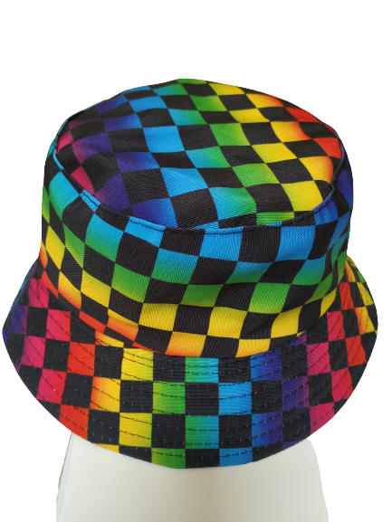 Coloured Squares Black Bucket Hat Reversible Unisex One size 100% Cotton Party Festival Travel Promotion Hat