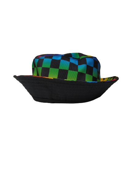 Coloured Squares Black Bucket Hat Reversible Unisex One size 100% Cotton Party Festival Travel Promotion Hat